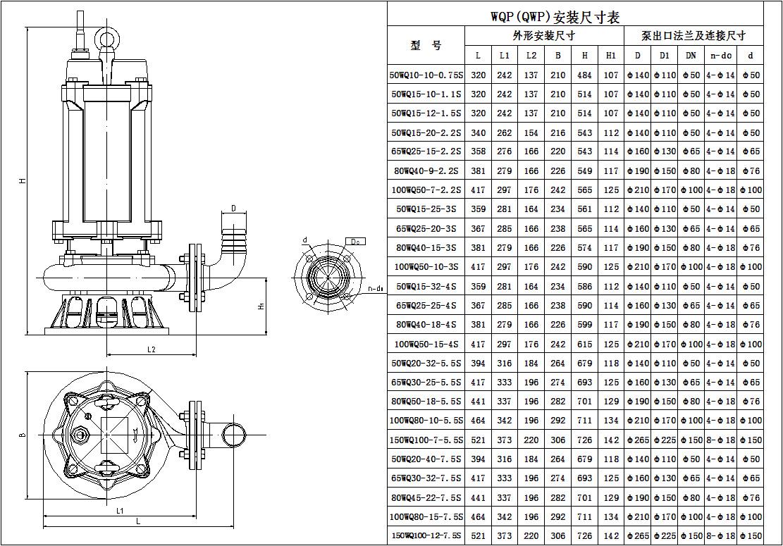 25QWP7-8-0.55不銹鋼潛水泵外形尺寸